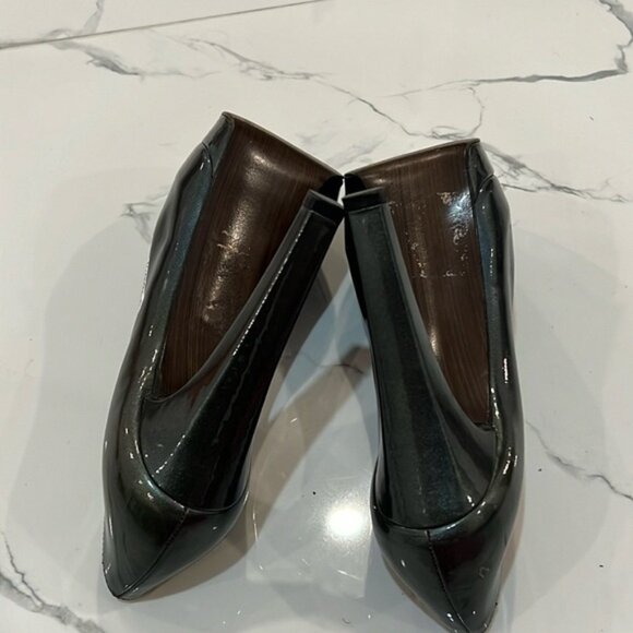 STUART Weitzman Shiny Gray peep toe platform evening prom high heels size 7.5 M - Picture 10 of 16